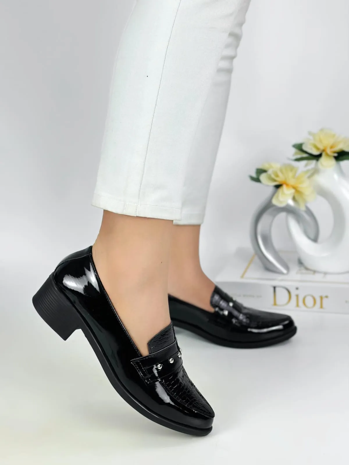 Black Croc-Embossed Patent Loafers