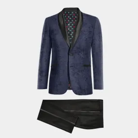  Blazer Esmoquin azul marino de terciopelo estampado con solapa en negro y pantalón negro