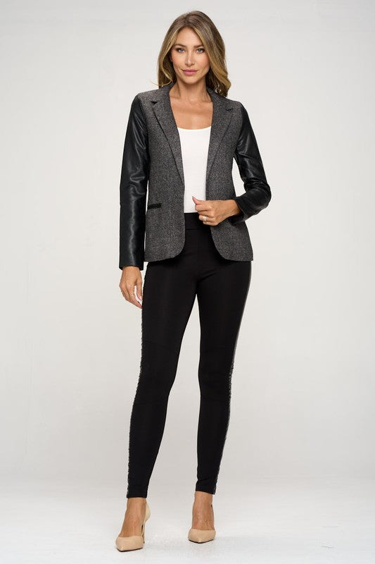 Blazer vegan leather sleeve two tone blazer