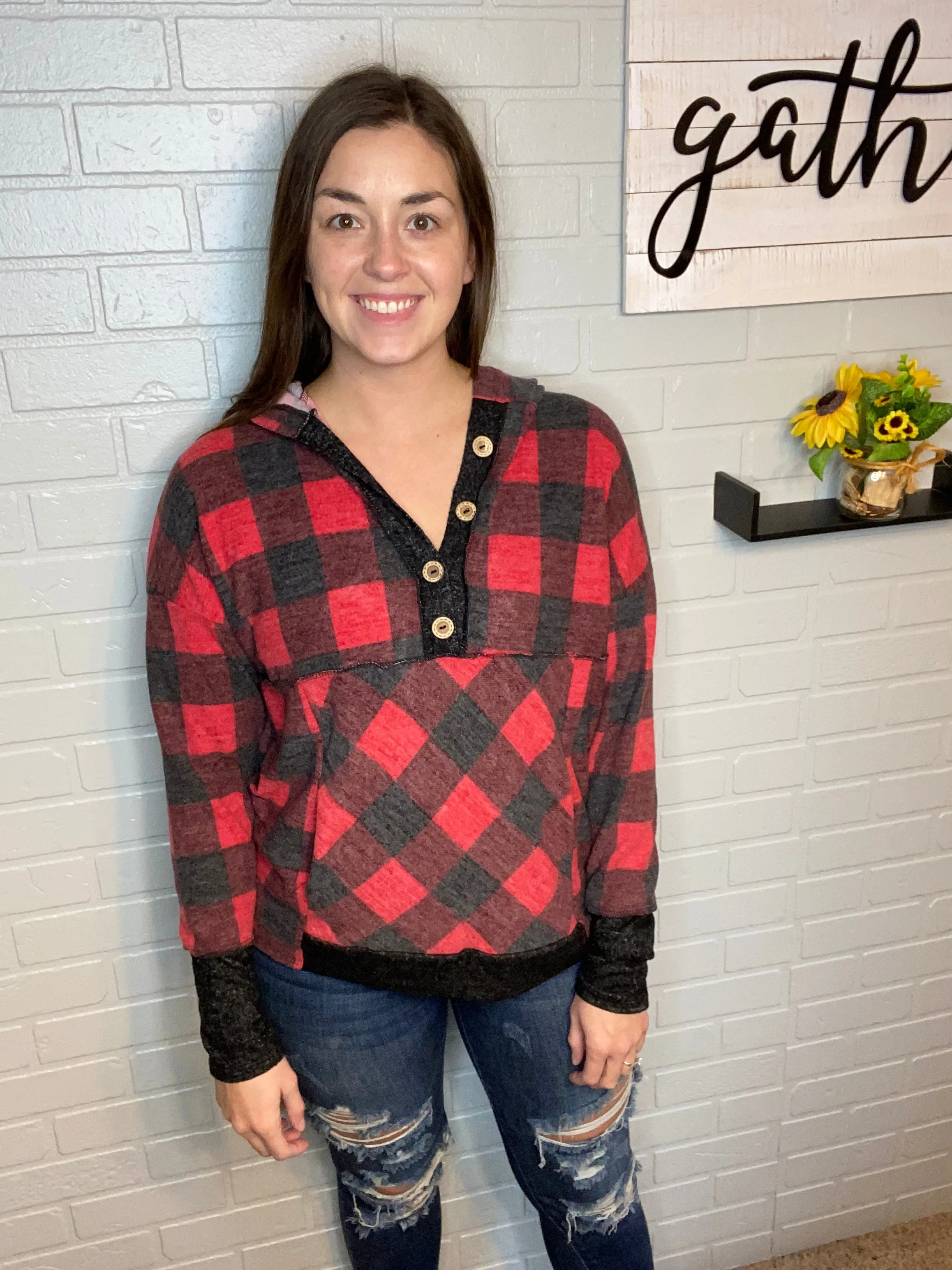 Buffalo Plaid Button Hoodie