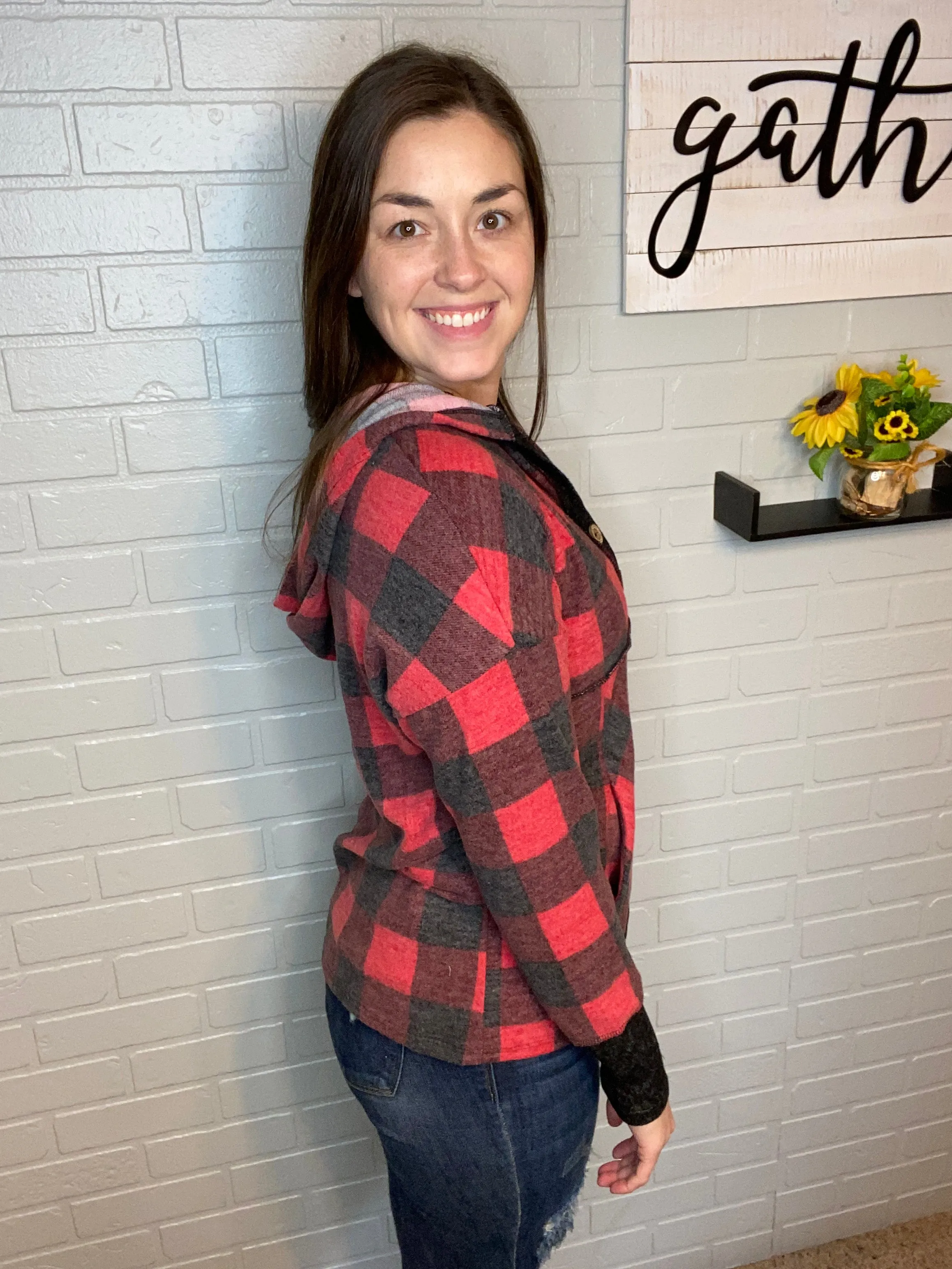 Buffalo Plaid Button Hoodie