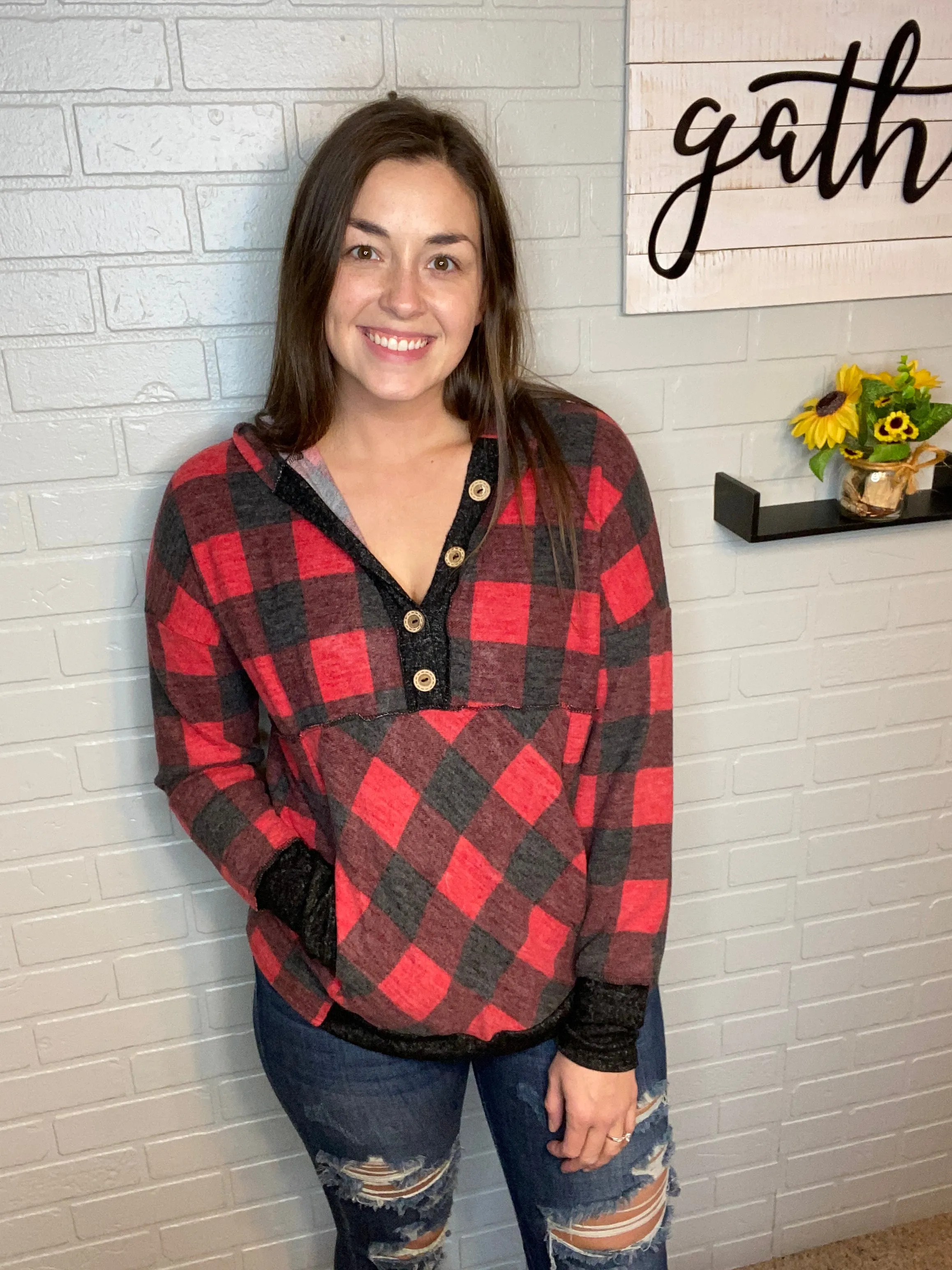 Buffalo Plaid Button Hoodie