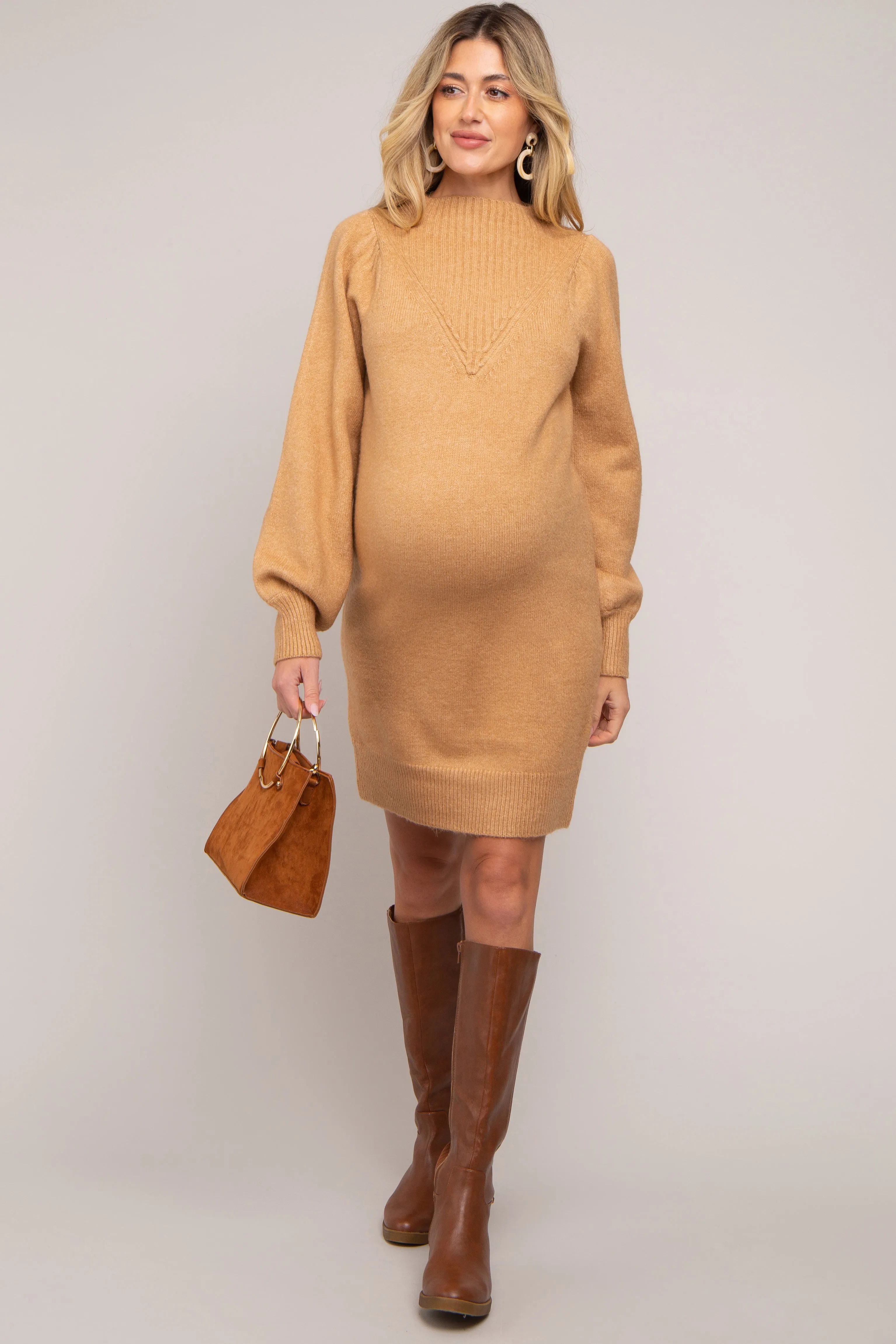 Camel Chunky Knit Maternity Sweater Dress