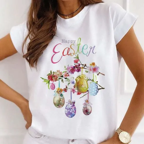 Casual Easter Letter Cotton Blend Round Neck Short Sleeve Regular Sleeve Printing T-shirt