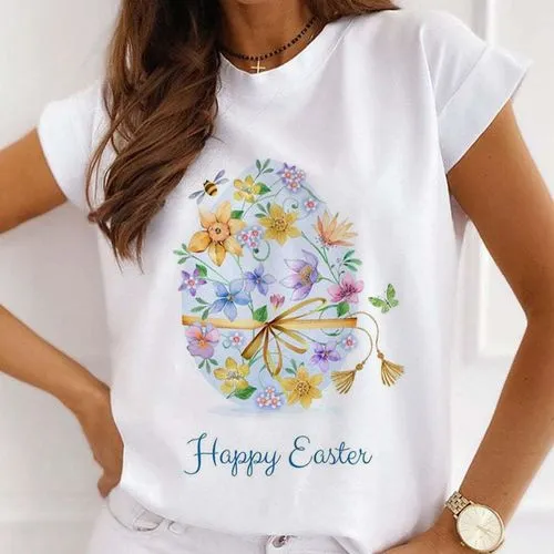 Casual Easter Letter Cotton Blend Round Neck Short Sleeve Regular Sleeve Printing T-shirt