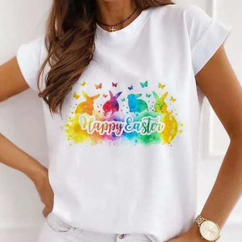 Casual Easter Letter Cotton Blend Round Neck Short Sleeve Regular Sleeve Printing T-shirt