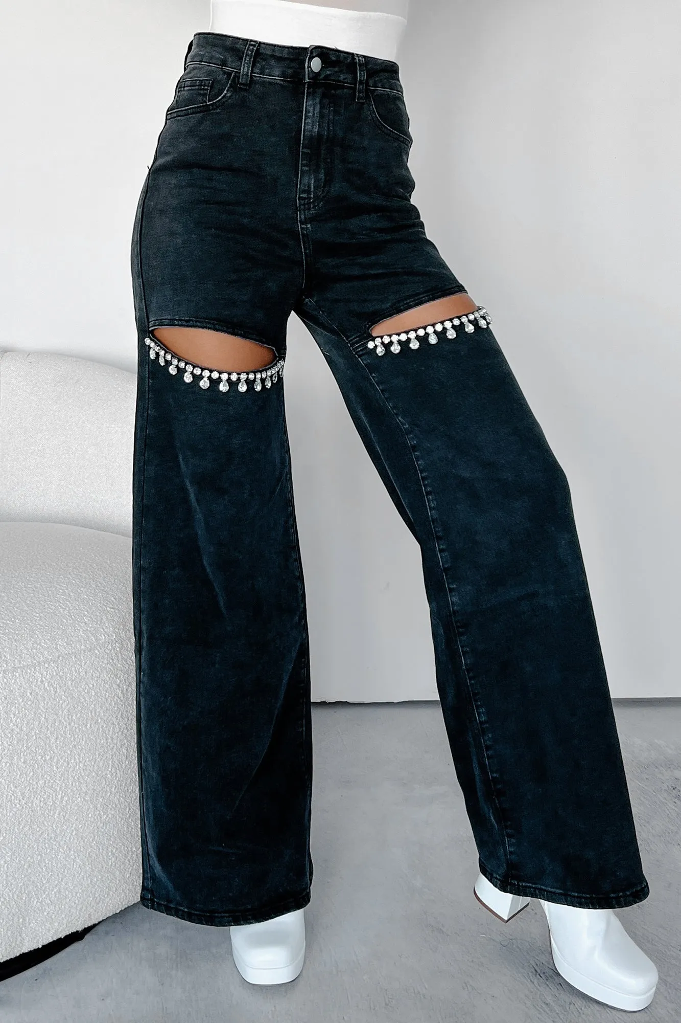 Constant Surprise High Rise Rhinestone Slit Wide Leg Jeans (Black)