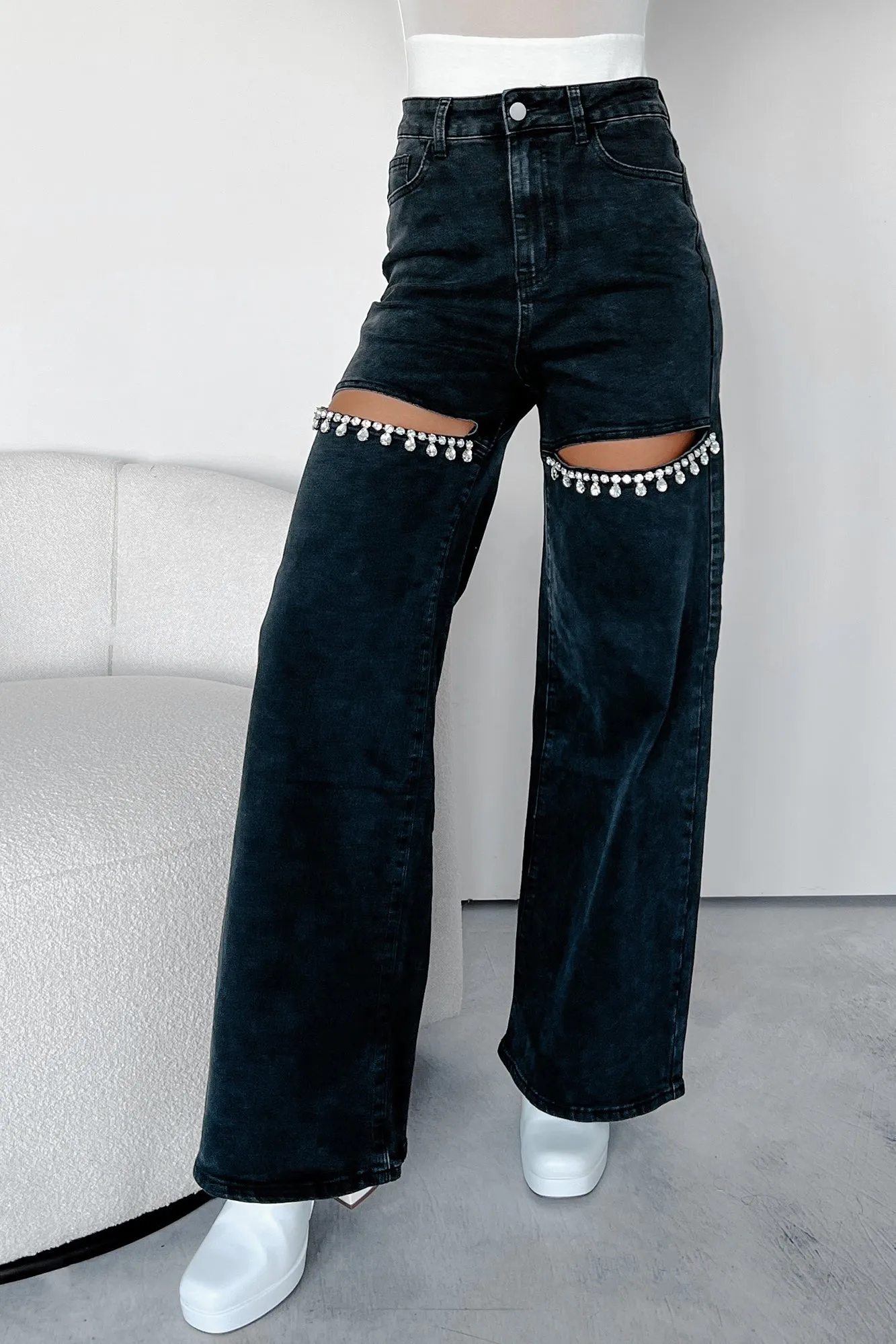 Constant Surprise High Rise Rhinestone Slit Wide Leg Jeans (Black)