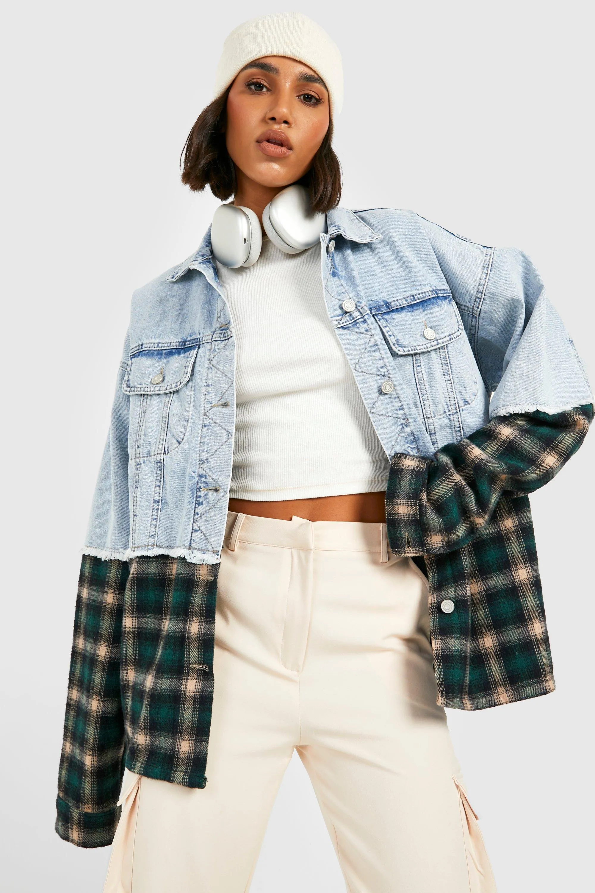 Contrast Flannel Oversized Denim Jacket