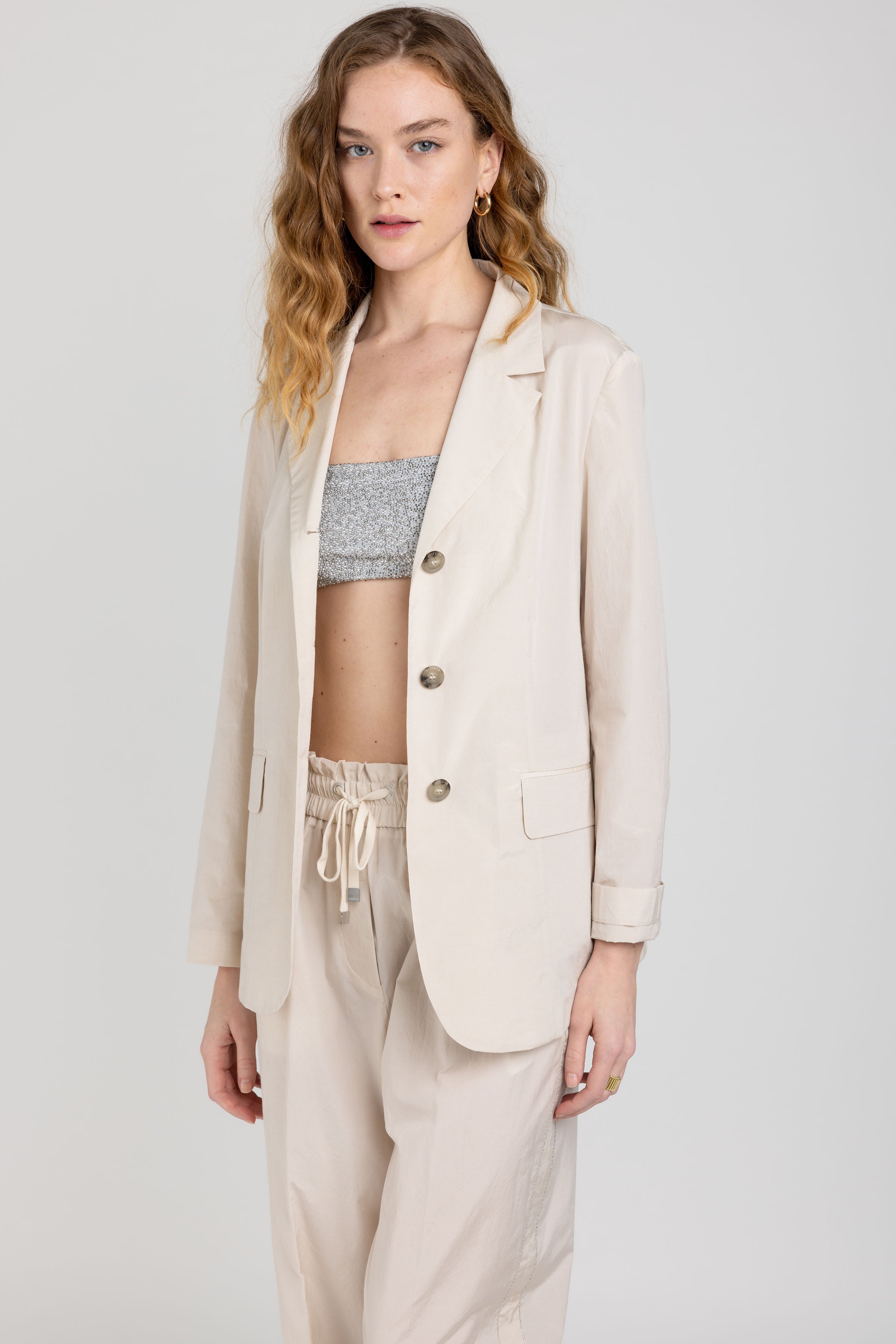 Cotton Poplin Blazer in Sesame Beige