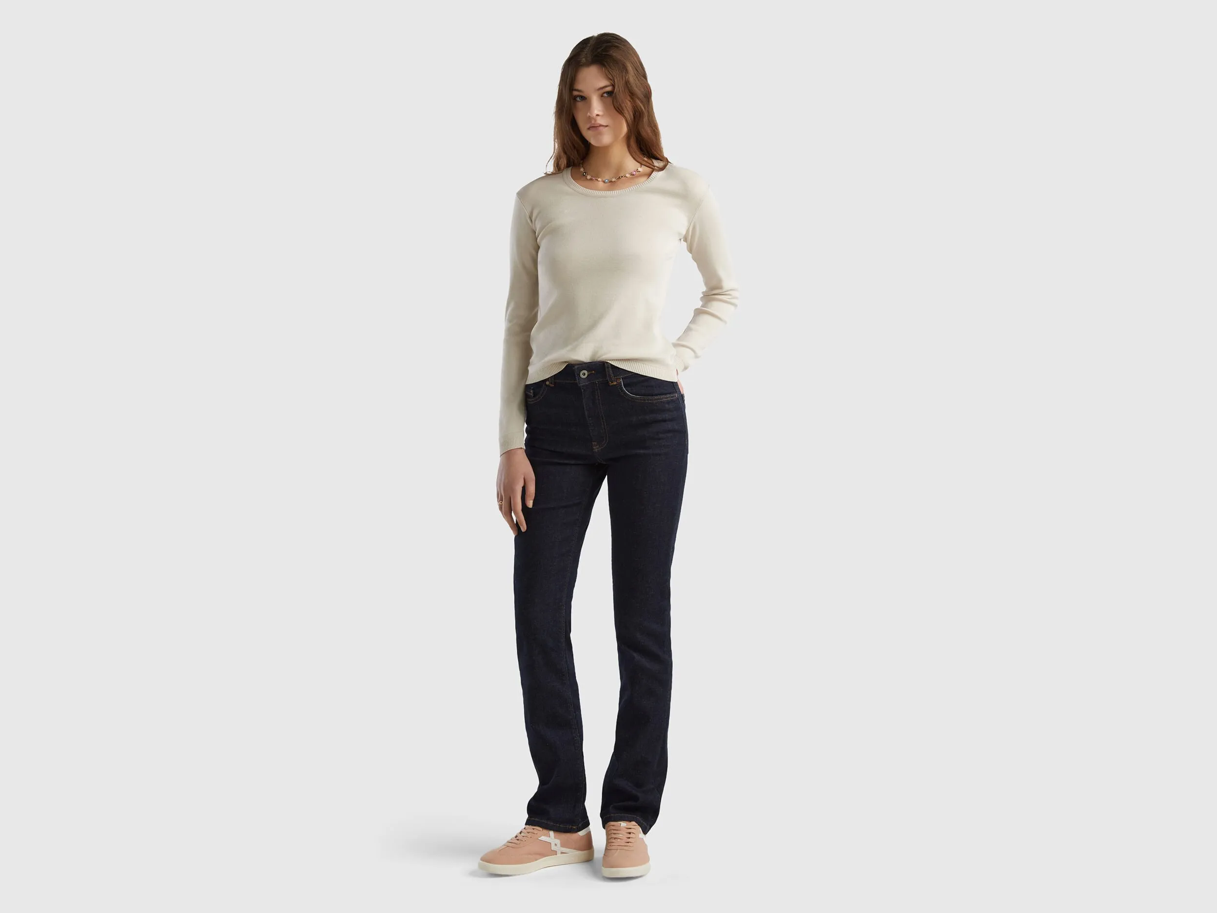 Crew neck sweater in pure cotton - Beige | Benetton