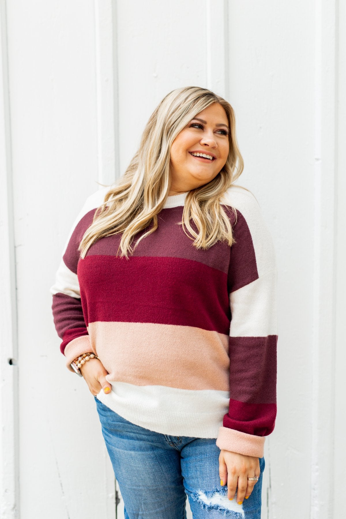 Dream Bigger Color Block Sweater- Ivory, Burgundy, & Dusty Pink