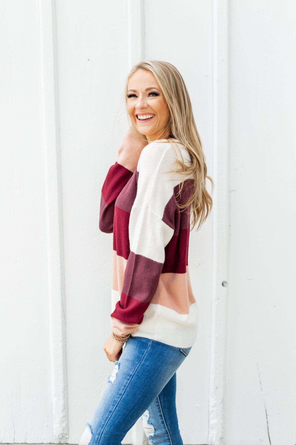 Dream Bigger Color Block Sweater- Ivory, Burgundy, & Dusty Pink