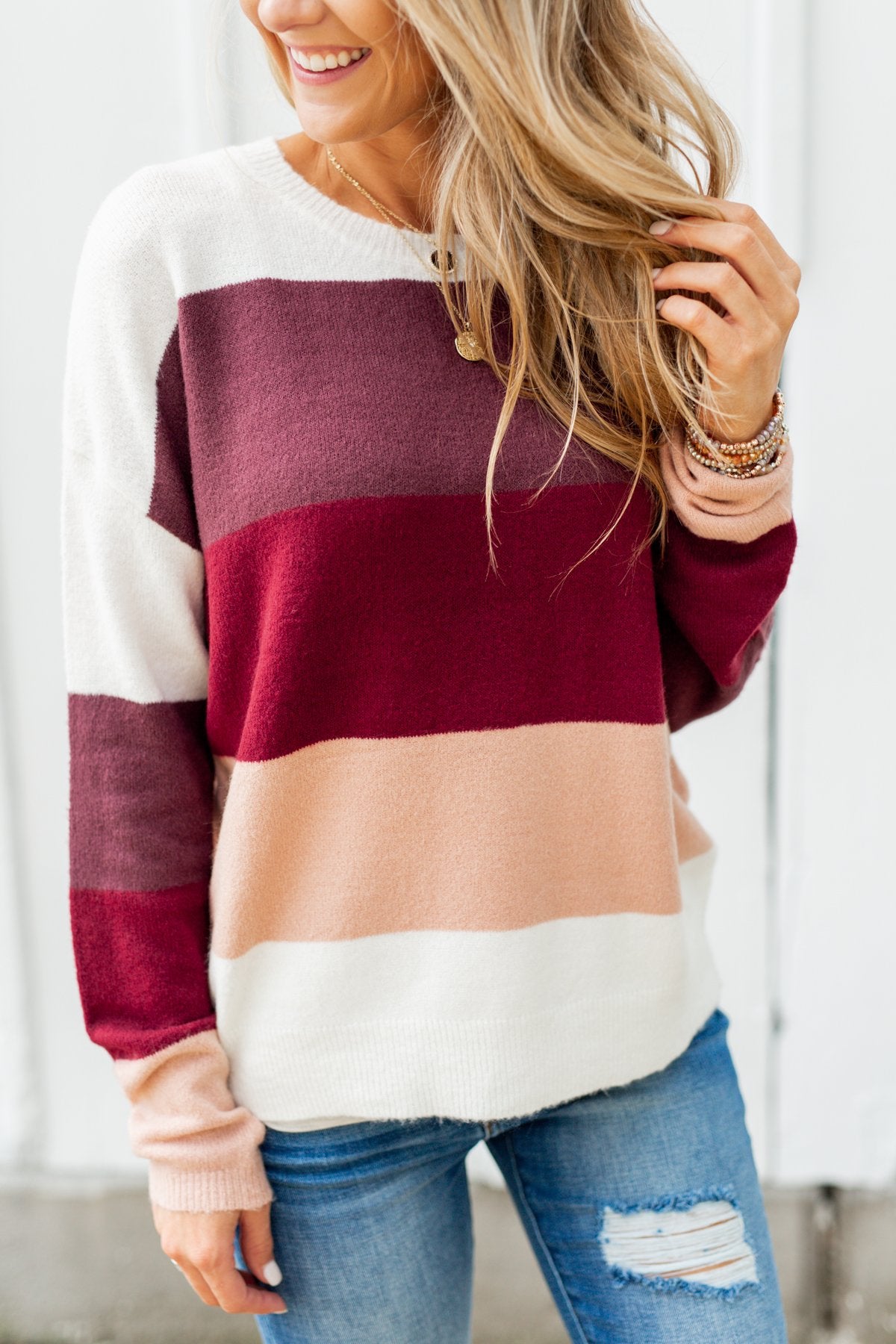 Dream Bigger Color Block Sweater- Ivory, Burgundy, & Dusty Pink