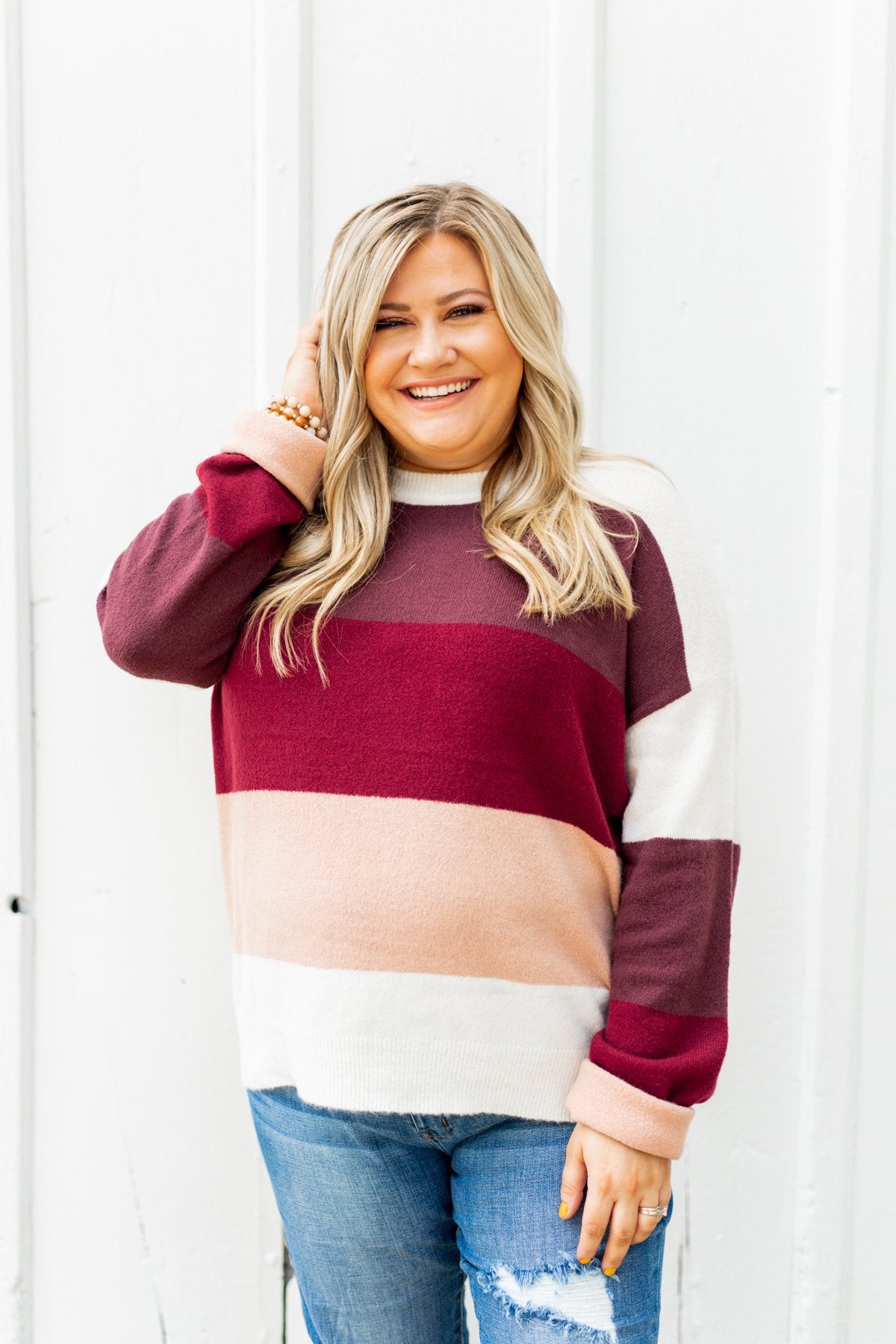 Dream Bigger Color Block Sweater- Ivory, Burgundy, & Dusty Pink