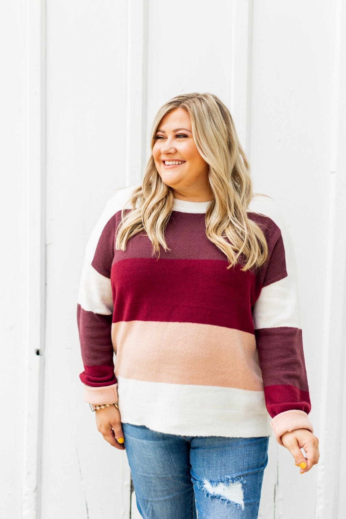 Dream Bigger Color Block Sweater- Ivory, Burgundy, & Dusty Pink