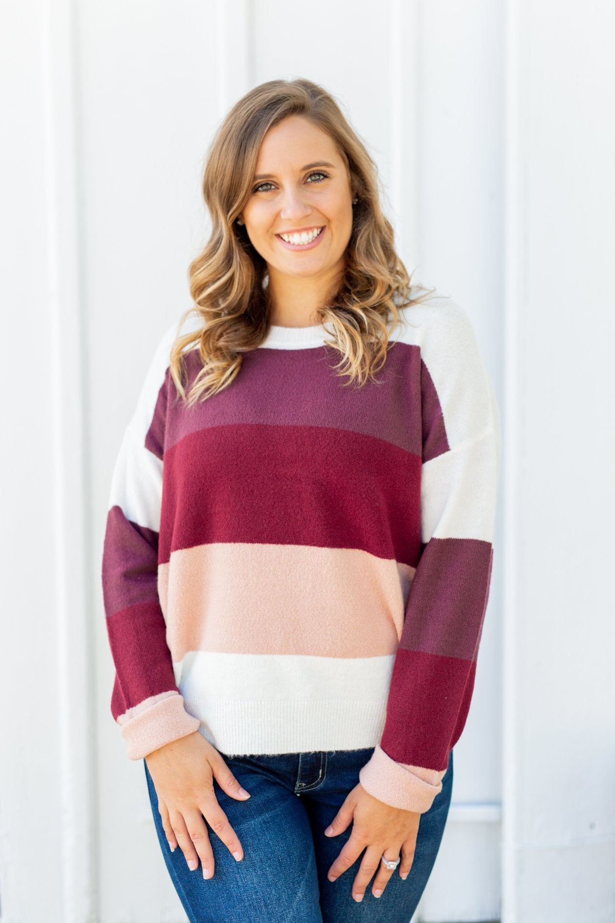 Dream Bigger Color Block Sweater- Ivory, Burgundy, & Dusty Pink