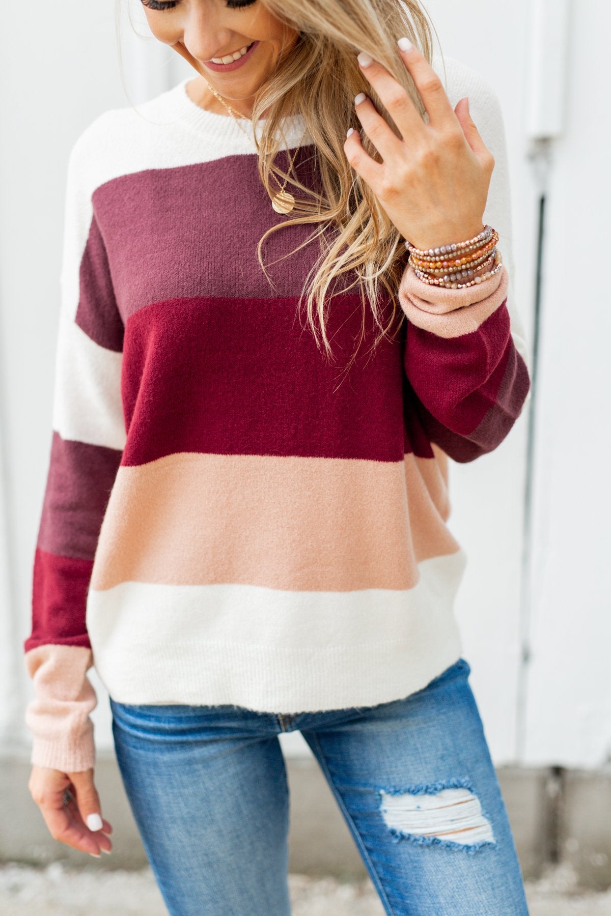 Dream Bigger Color Block Sweater- Ivory, Burgundy, & Dusty Pink