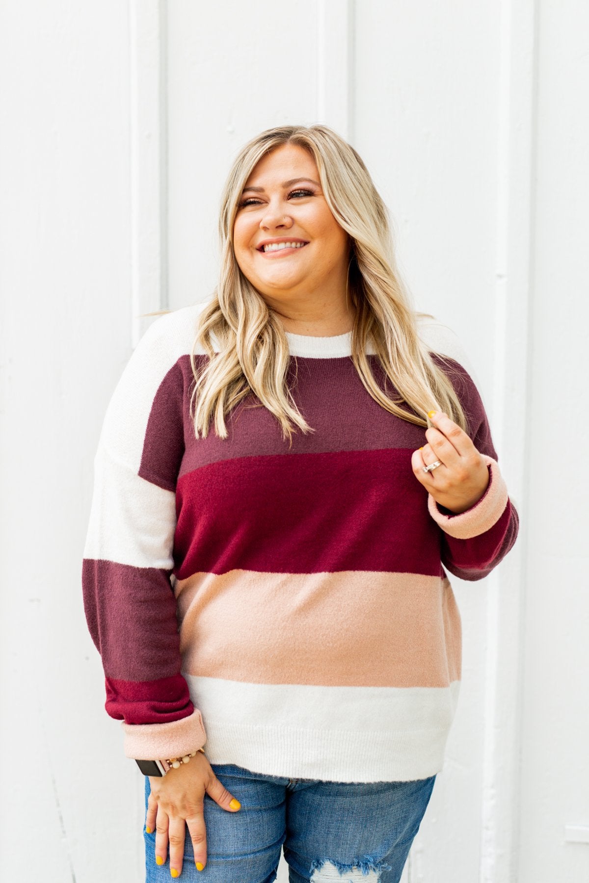 Dream Bigger Color Block Sweater- Ivory, Burgundy, & Dusty Pink