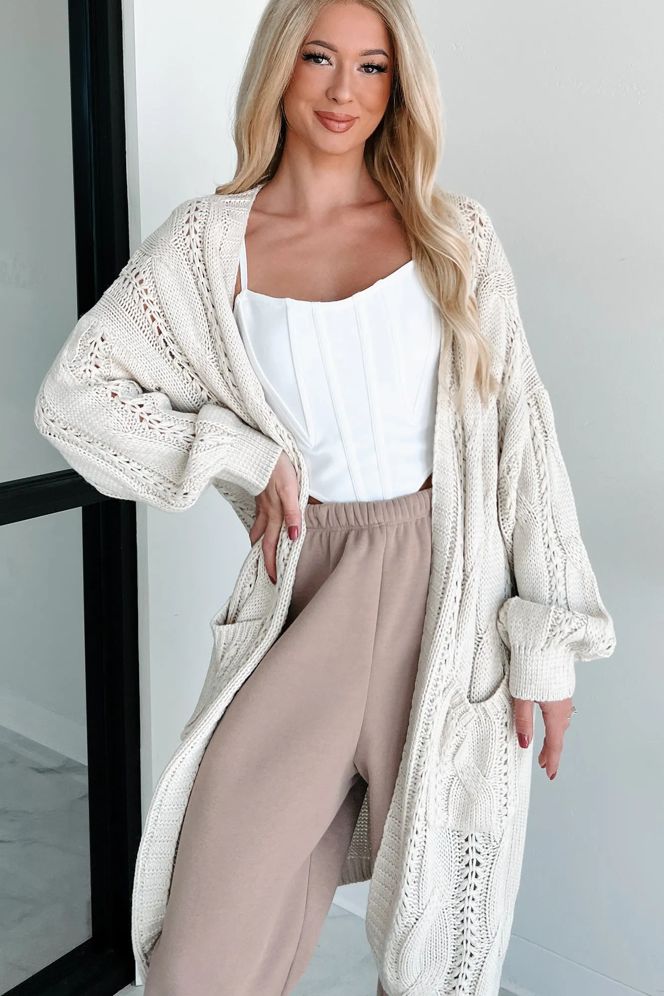 Find Your Purpose Cable Knit Long Cardigan (Natural)