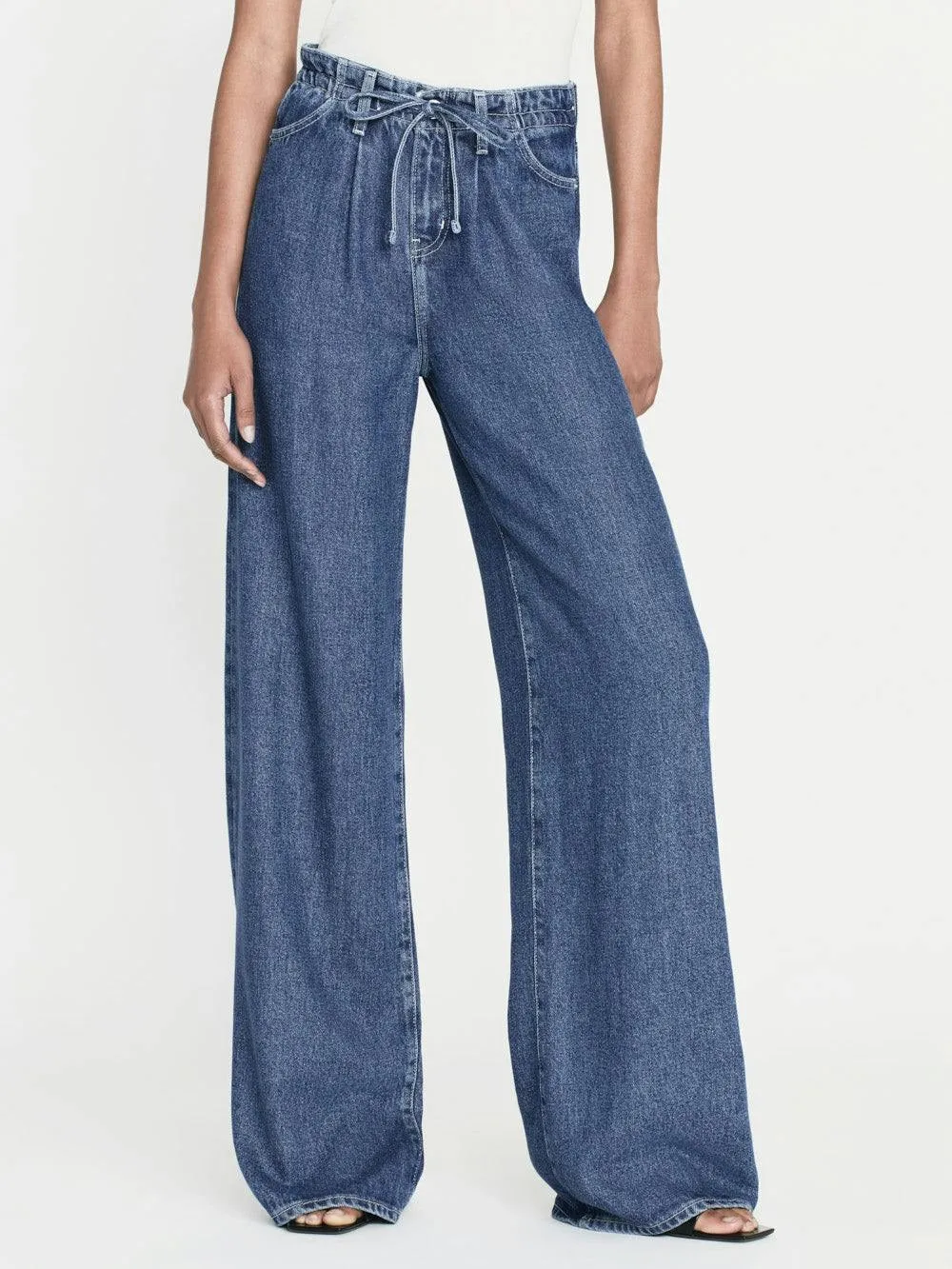 Frame Super Drape Drawstring Wide Leg Jeans in Ghost