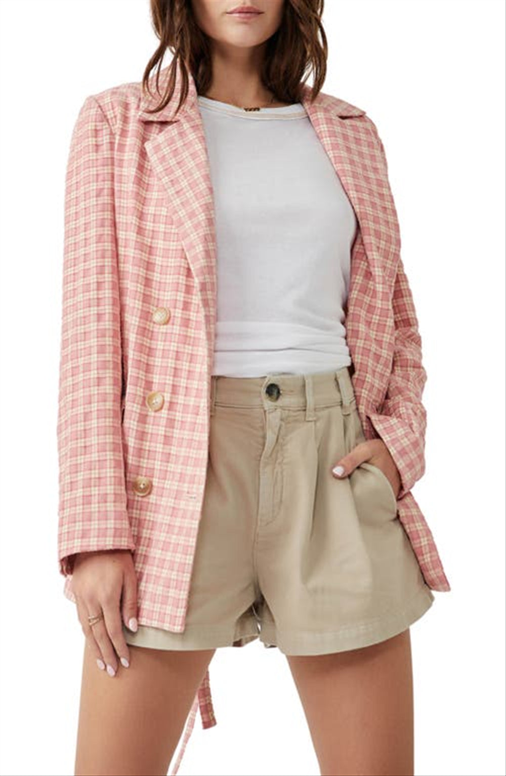 Free People Women's Olivia Tie Waist Gingham Double Breasted Blazer Pink Size Large