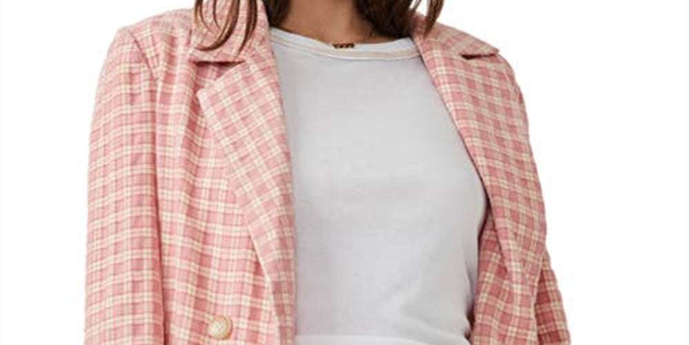 Free People Women's Olivia Tie Waist Gingham Double Breasted Blazer Pink Size Large