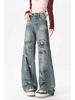 Graffiti print wide-leg jeans for women, spring and autumn American retro high street high-waist workwear loose straight casual 