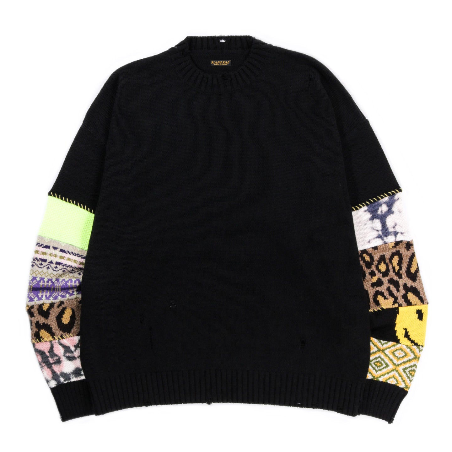 KAPITAL 5G COTTON KNIT HIPPIE SLEEVE CREW SWEATER BLACK