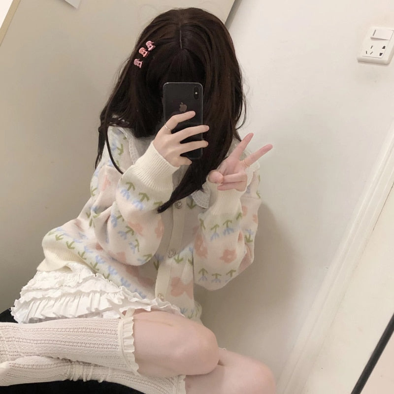 Kawaii Sweater Cardigan with Lace Collar