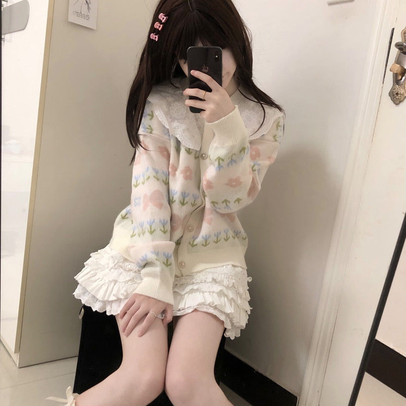 Kawaii Sweater Cardigan with Lace Collar