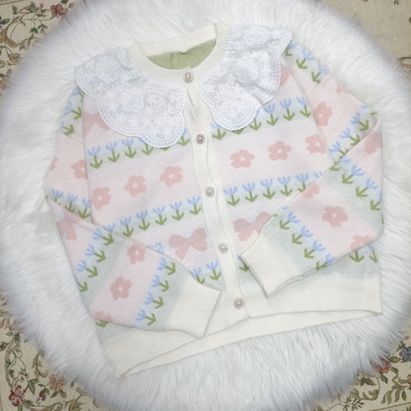 Kawaii Sweater Cardigan with Lace Collar