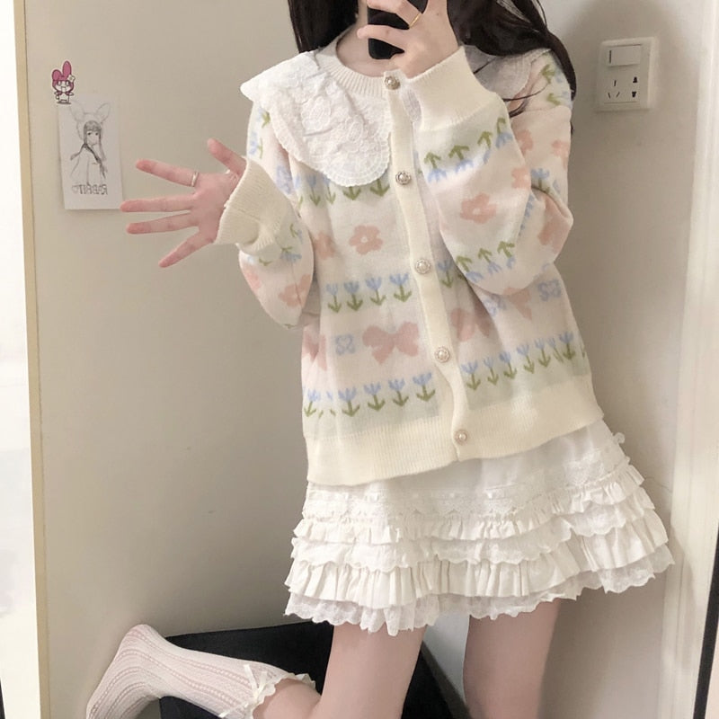 Kawaii Sweater Cardigan with Lace Collar