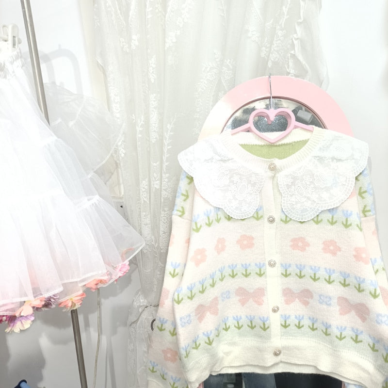 Kawaii Sweater Cardigan with Lace Collar