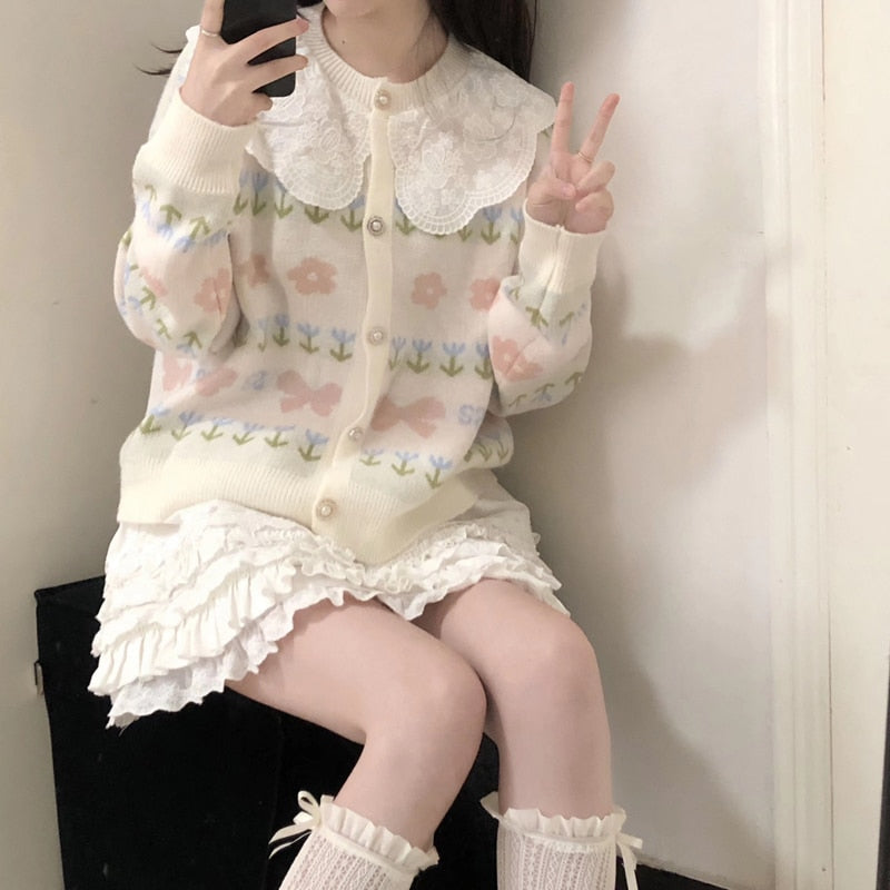 Kawaii Sweater Cardigan with Lace Collar