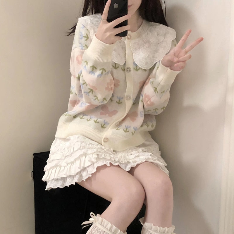 Kawaii Sweater Cardigan with Lace Collar