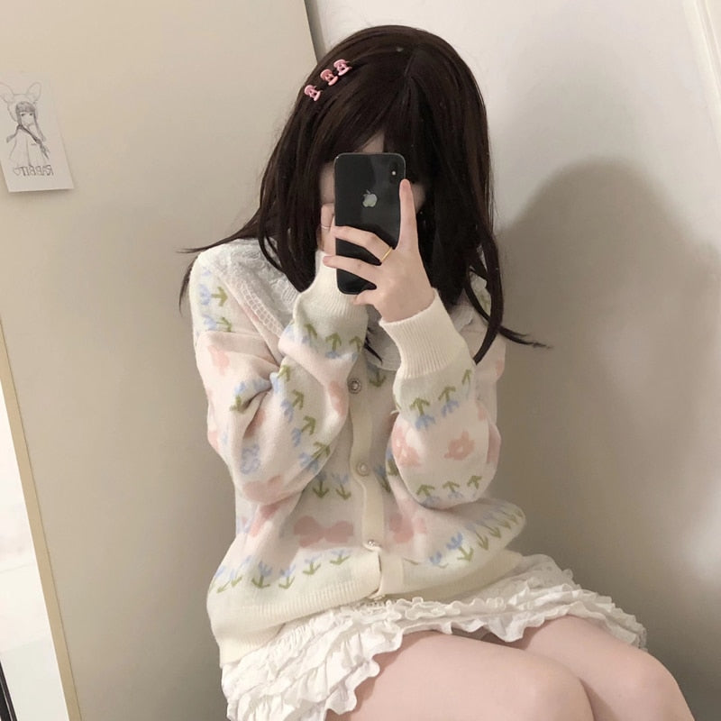 Kawaii Sweater Cardigan with Lace Collar