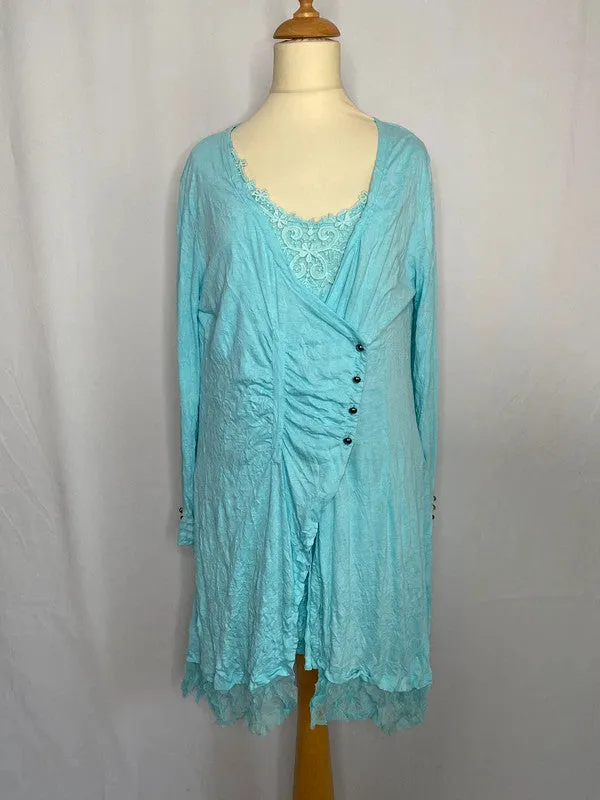 Lauren Vidal M turquoise 2 piece long sleeve shirt dress and matching cardigan