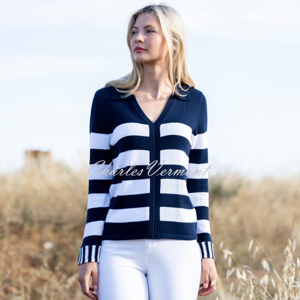 Marble Striped V-Neck Sweater - Style 7446-103 (Navy / White)