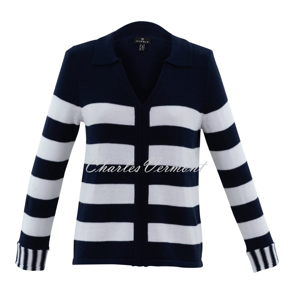 Marble Striped V-Neck Sweater - Style 7446-103 (Navy / White)