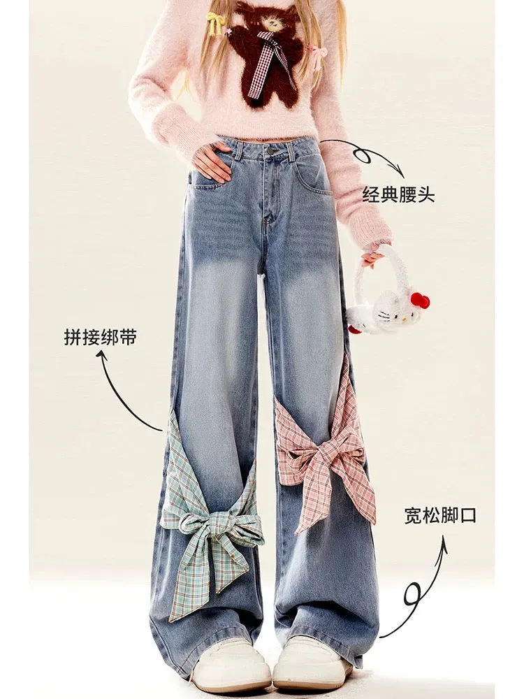 Natural design bow wide-leg blue jeans for women in autumn and winter American retro straight-leg slimming pants