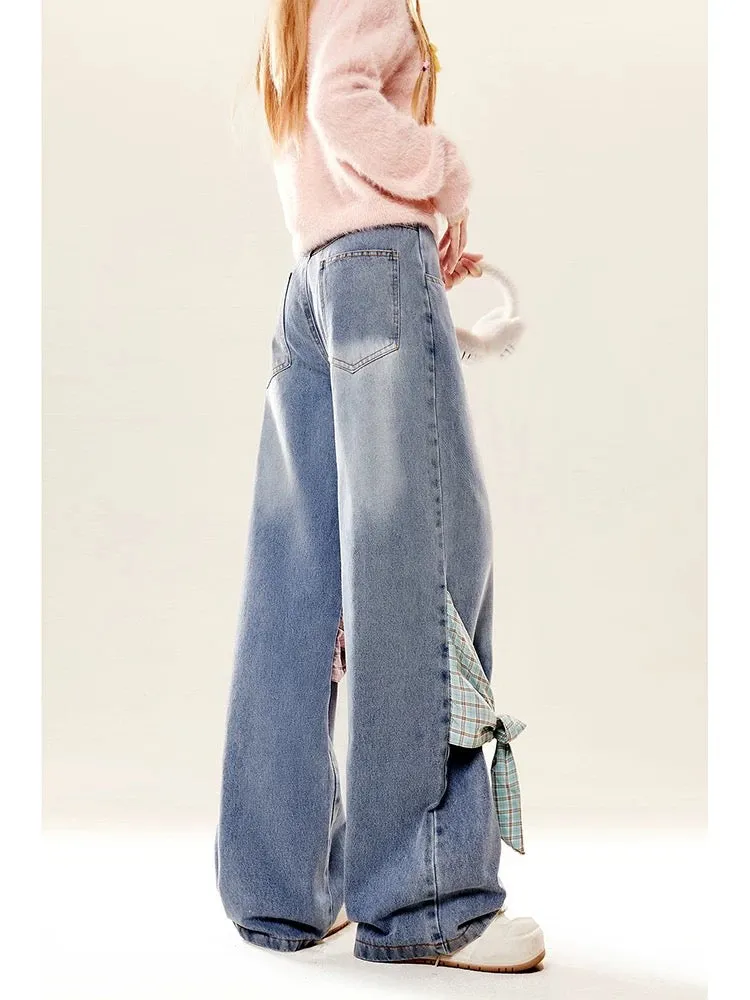 Natural design bow wide-leg blue jeans for women in autumn and winter American retro straight-leg slimming pants