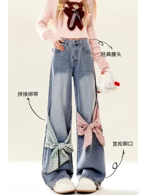 Natural design bow wide-leg blue jeans for women in autumn and winter American retro straight-leg slimming pants