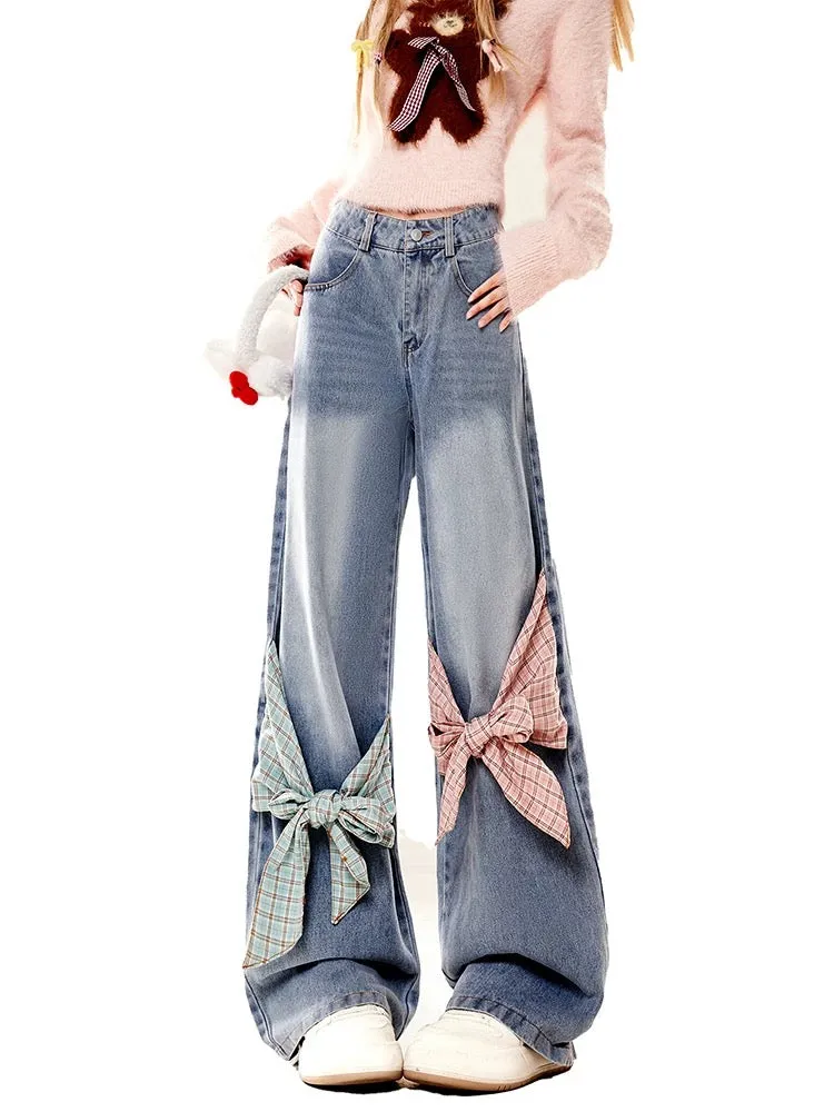 Natural design bow wide-leg blue jeans for women in autumn and winter American retro straight-leg slimming pants