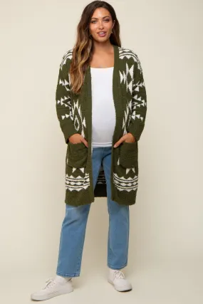 Olive Print Fuzzy Maternity Cardigan