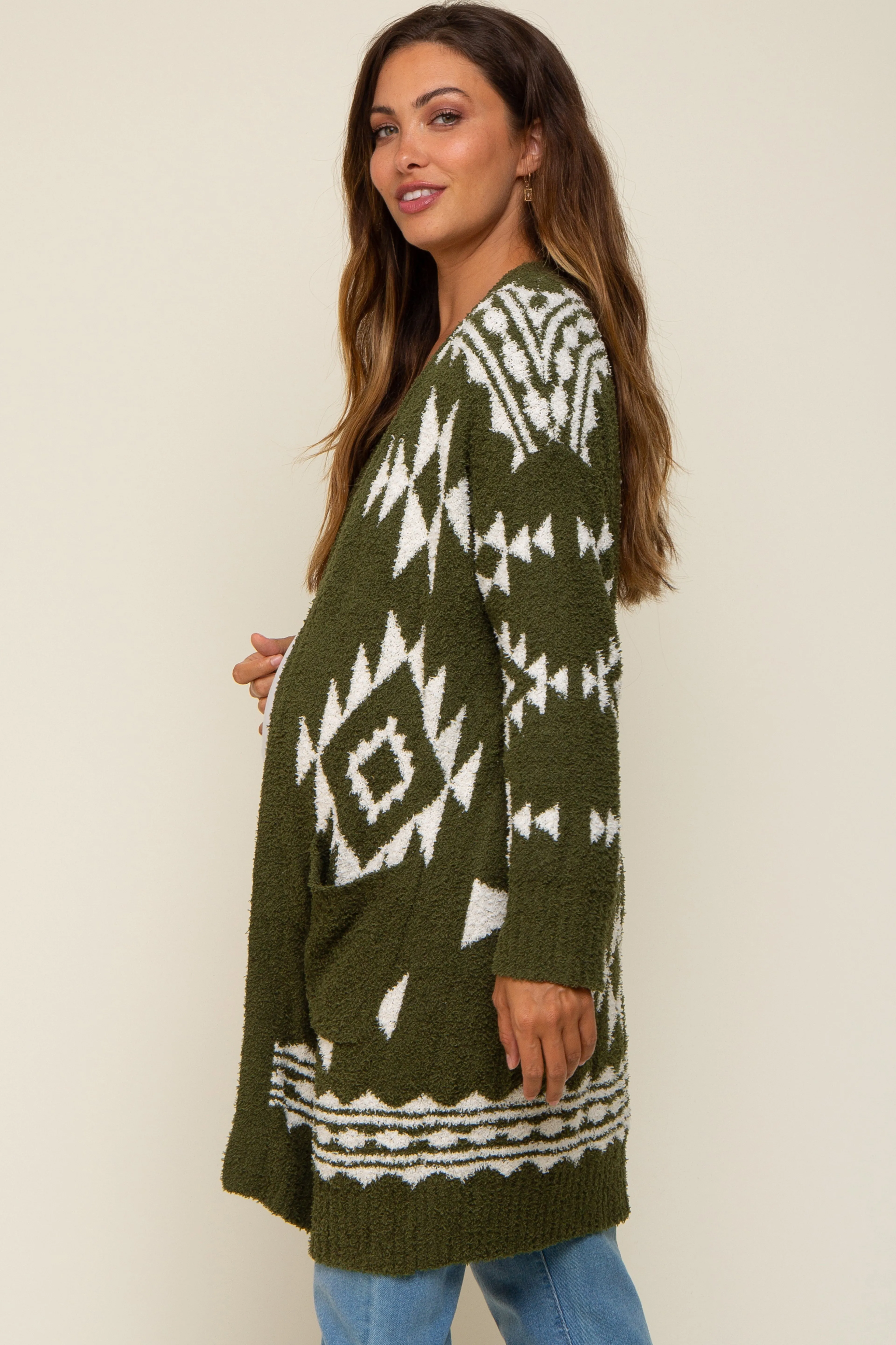 Olive Print Fuzzy Maternity Cardigan