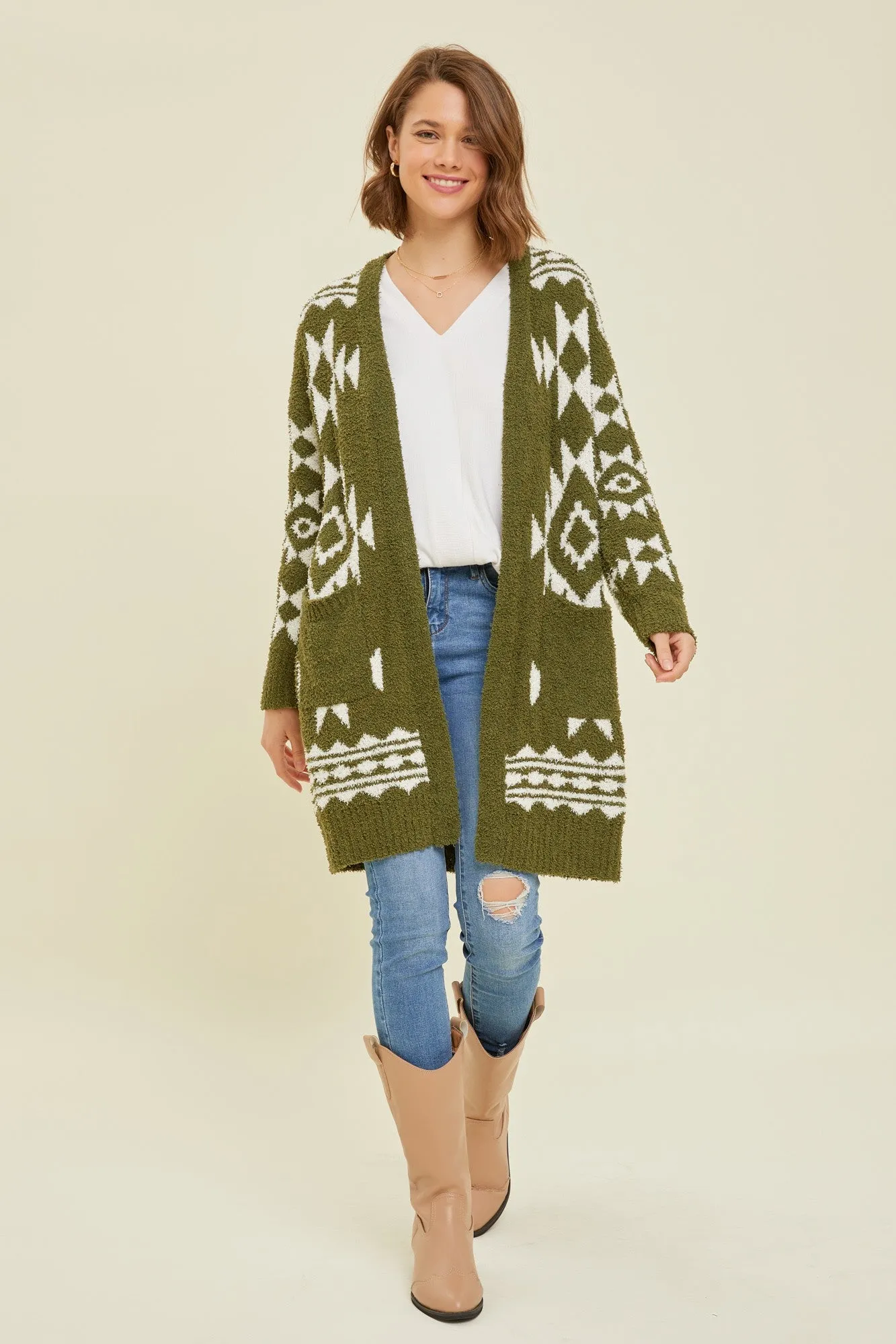 Olive Print Fuzzy Maternity Cardigan