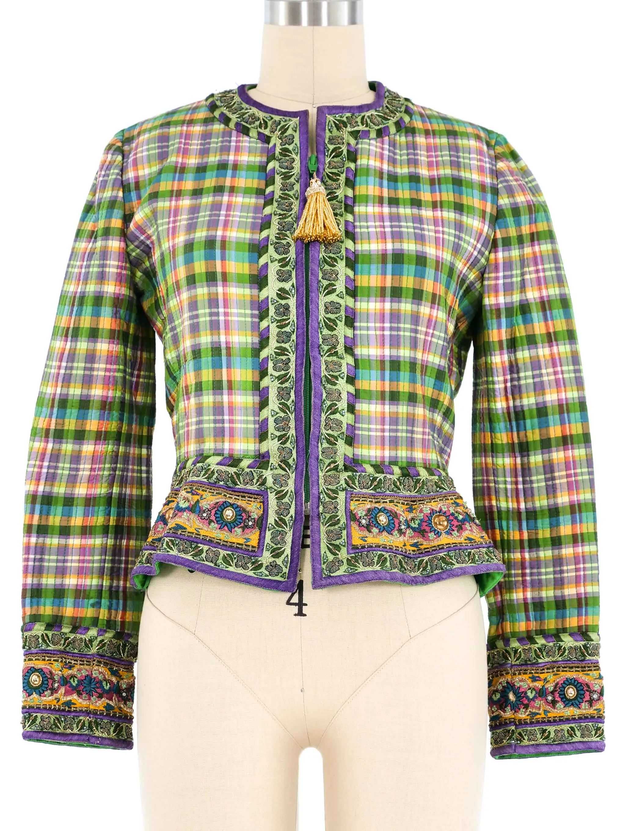 Oscar de la Renta Quilted Plaid Embellished Jacket