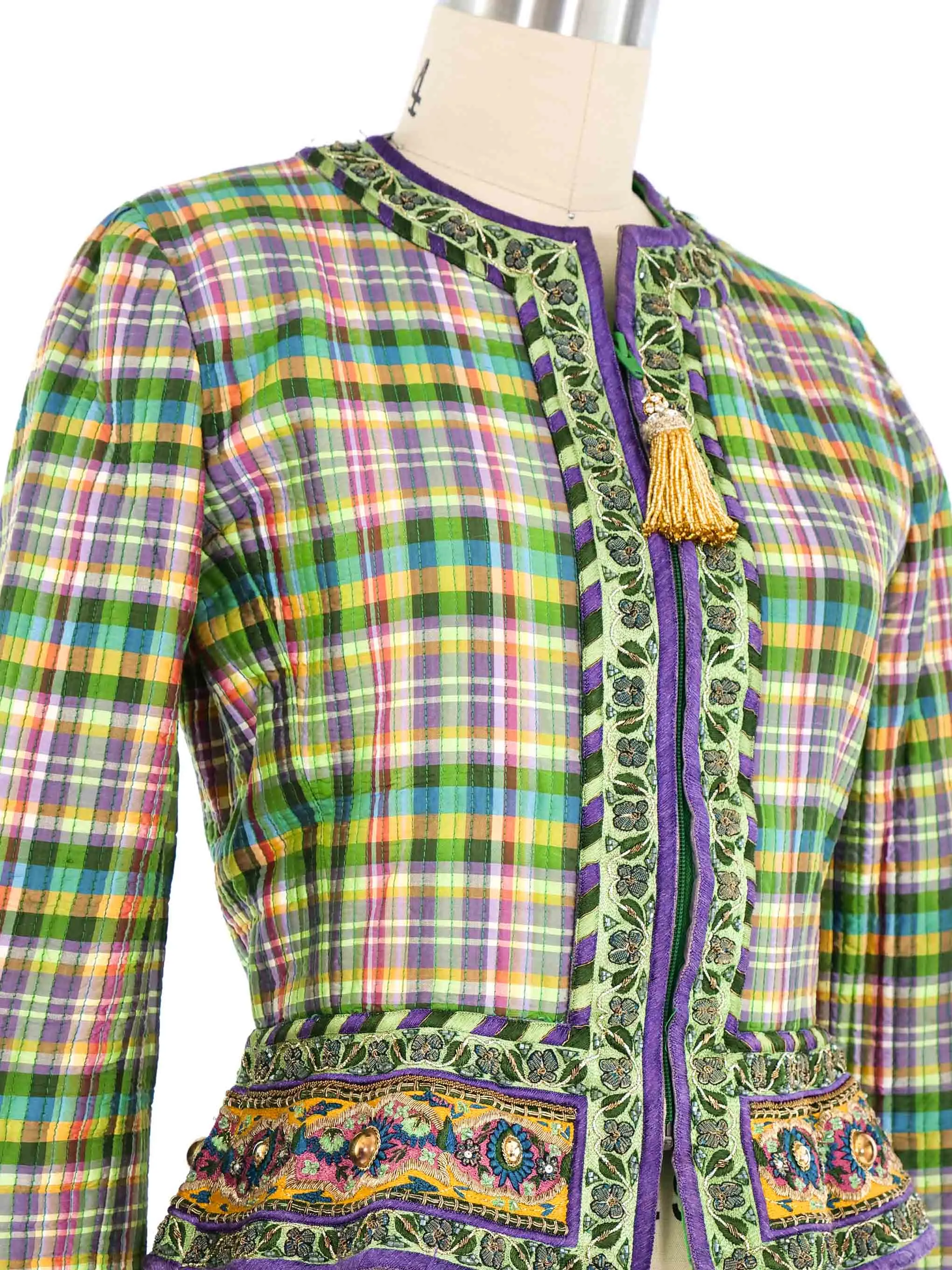 Oscar de la Renta Quilted Plaid Embellished Jacket