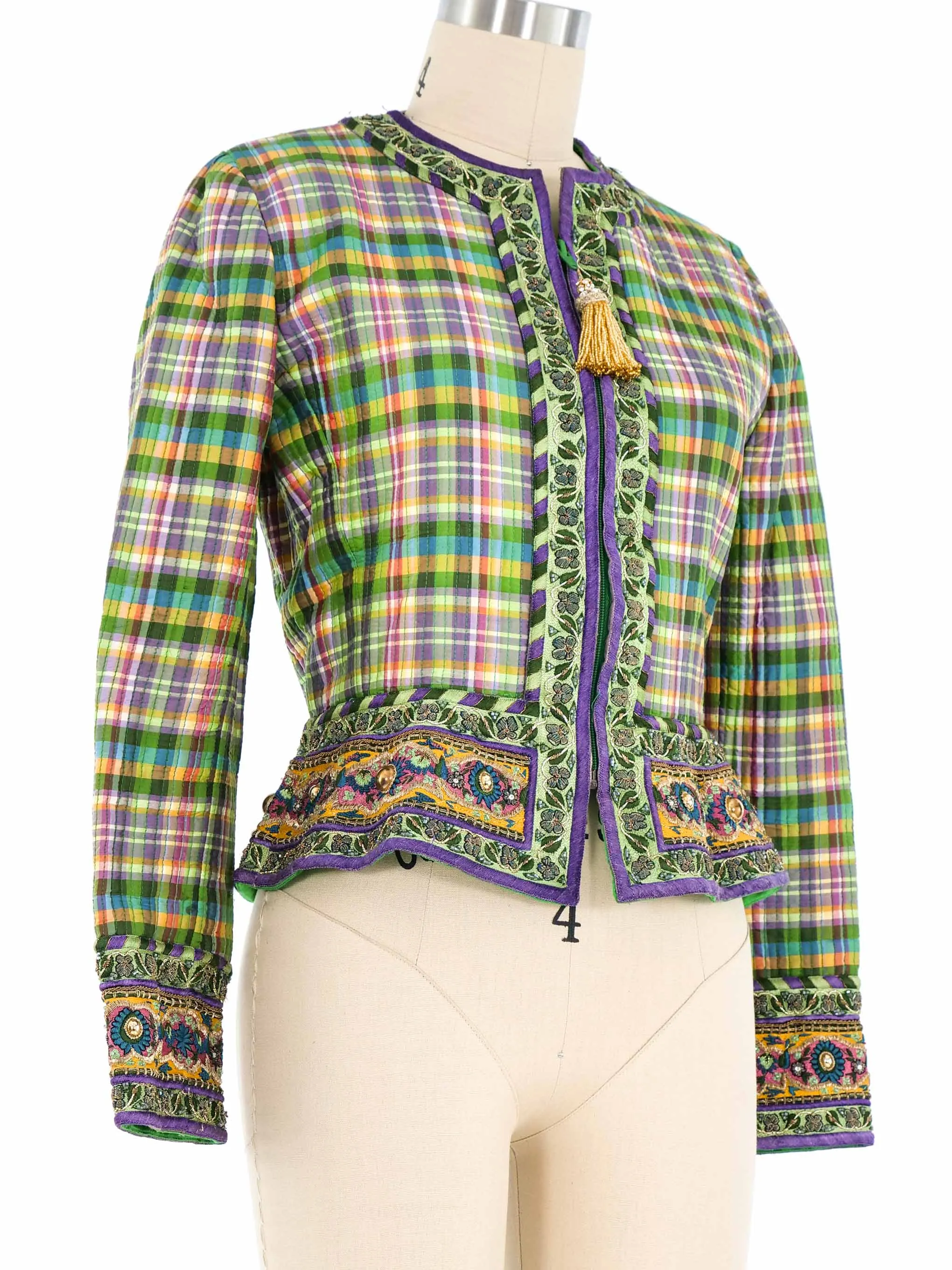 Oscar de la Renta Quilted Plaid Embellished Jacket